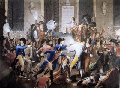 9-ről 10-re virradó éjszaka a II. termidorévben: a városházán Merda rendőrtiszt Robespierre lelőtte Maximiliant alkotó: School French
