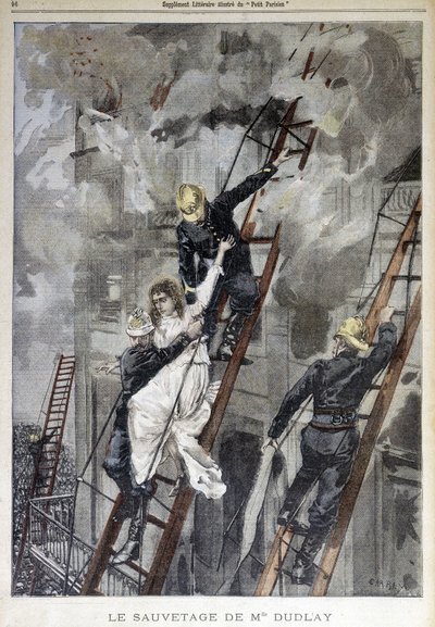 Mrs. Duplay megmentése a tűzoltók által - a "Le Petit Parisien" című filmben, n.d. alkotó: School French