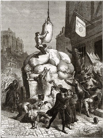 A lisztek háborúja: pékségek kifosztása Párizsban, 1775 körül (a francia forradalom első gyümölcse) alkotó: School French