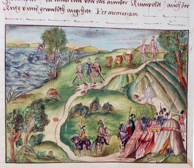 MS Add.15217 fol.40 Venezuelai táj spanyol táborral, a nürnbergi Coeler család emlékiratainak gyűjteményéből alkotó: School German