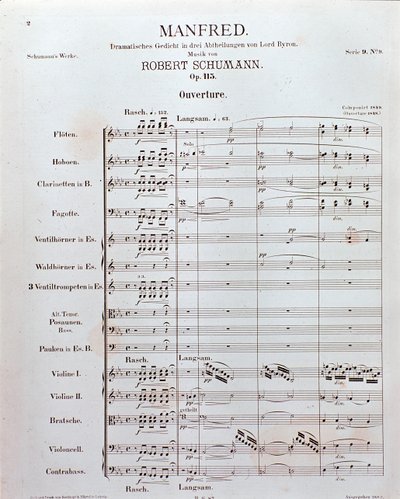 Robert Schumann német zeneszerző "Manfred" (opusz 115) megnyitójának kotta (nyomtatott) alkotó: School German