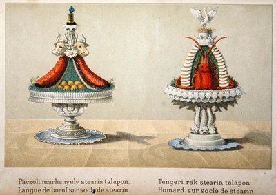 Terv ökörnyelv bemutatásához sztearinágyon és homárhoz, illusztráció egy francia konyhaművészetről szóló magyar szakácskönyvből, 1880 körül (színes litó) alkotó: School Hungarian