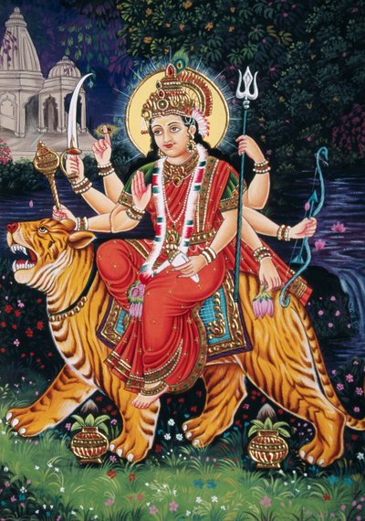 Durga Istennő miniatűr festmény papírra hímzéssel alkotó: School Indian