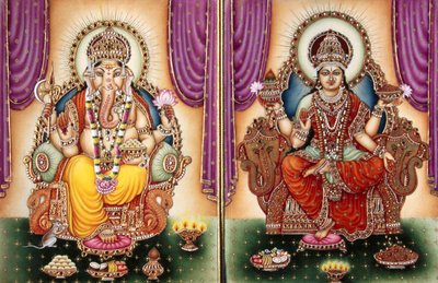 Lord Ganesh Ganpati istennő és Lakshmi miniatűr festmény elefántcsontontszínűre alkotó: School Indian