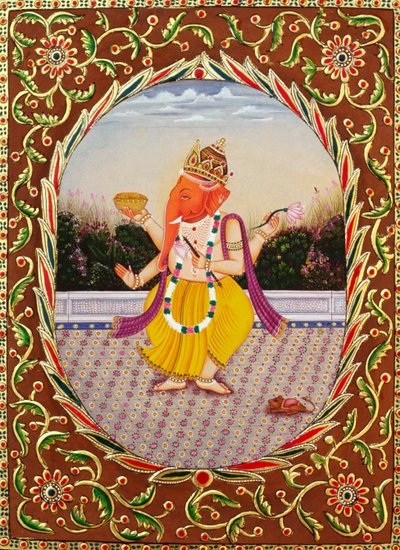 Lord Ganesha Ganpati miniatűr festmény papírra hímzéssel alkotó: School Indian