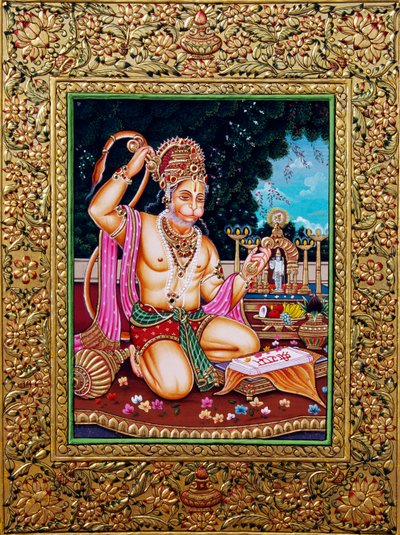 Lord Hanuman miniatűr festménypapír arany dombornyomással alkotó: School Indian