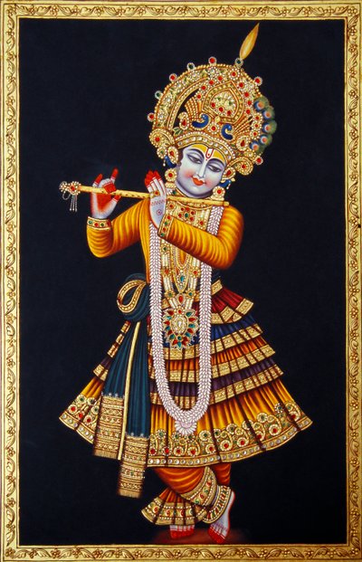 Lord Krishna játszik fuvolán miniatűr festmény papírra alkotó: School Indian