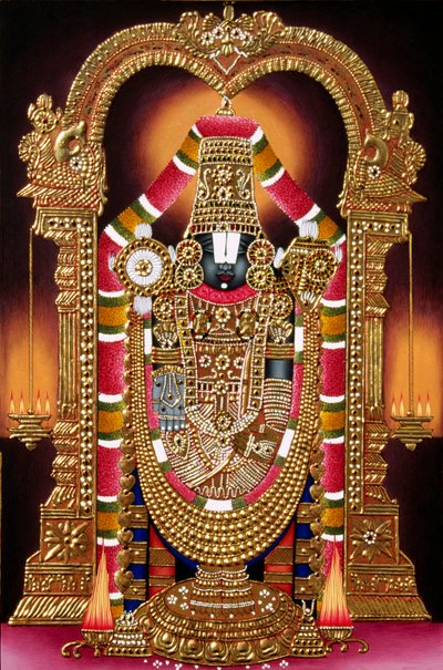 Lord Thirupati Balaji miniatűr festmény papírra arany dombornyomással alkotó: School Indian
