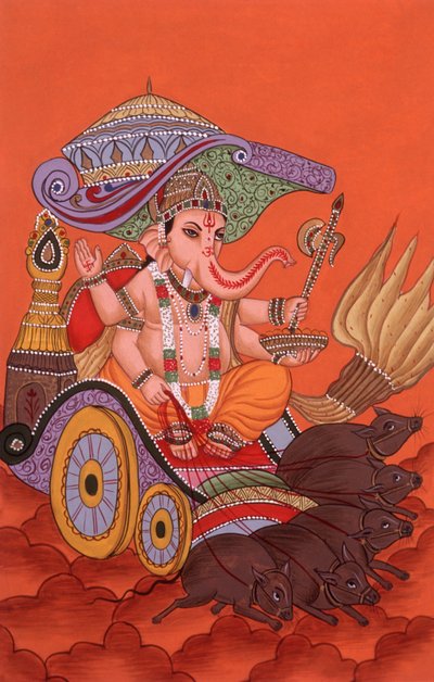 Miniatűr festmény Elefántfejű Isten Ganesh Ganpati, India alkotó: School Indian