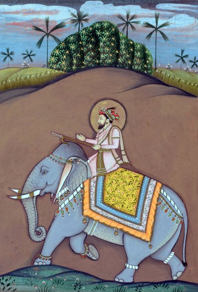 Miniatűr festmény Shah Jahan mogul császárról, amint elefánton ül alkotó: School Indian