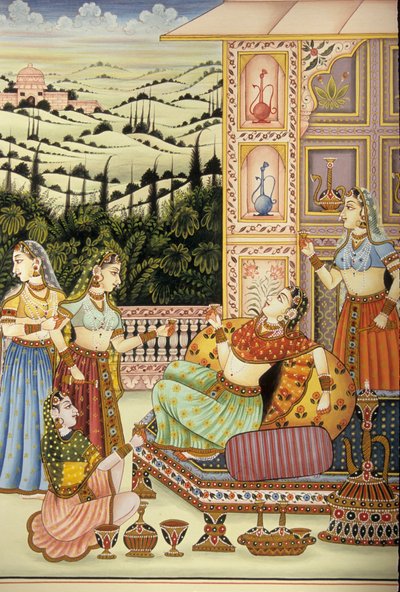 Miniatűr festmény a mogul hölgyről, amint az italt élvezi, India alkotó: School Indian