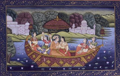 Mughal miniatűr festmény papírra, király szerelmi jelenet és élvezve a zenét a csónakban alkotó: School Indian