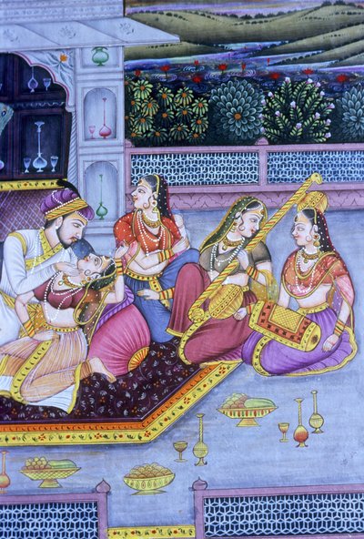 Mogul miniatűr festmény papírra, szerelmi jelenet alkotó: School Indian