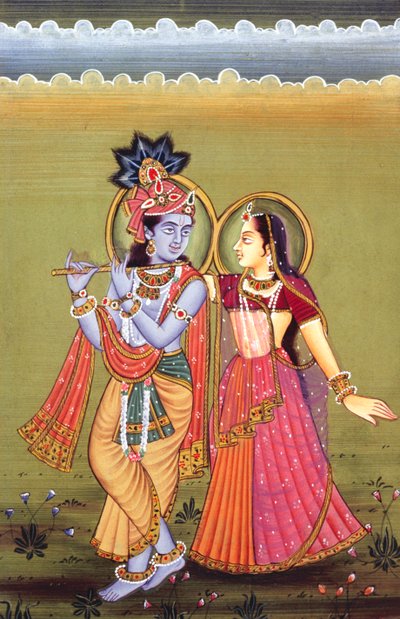 Festmény Krishna Istenről és legnagyobb bhaktájáról, Radha, India alkotó: School Indian