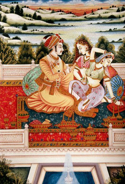 Festmény a mogul császárról és feleségeiről szerelmi jelenetben, India alkotó: School Indian