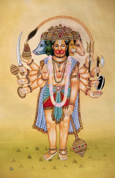 Panchmukhi Lord Hanuman miniatűr festmény papírra alkotó: School Indian