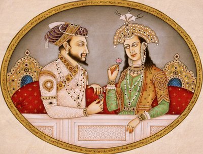 Shahjahan mogul császár portréja Mumtaz Mahal királynővel, India alkotó: School Indian