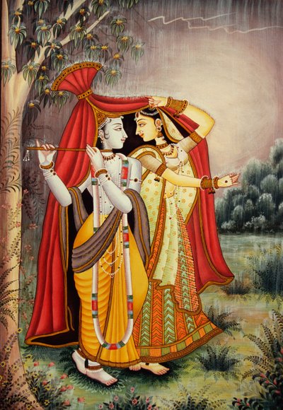 Radha Krishna miniatűr festmény a Monsoon papíron alkotó: School Indian