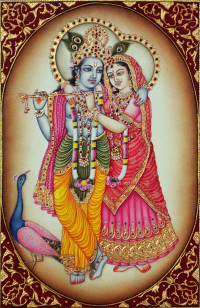 Radha Krishna miniatűr festmény elefántcsontra alkotó: School Indian