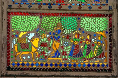 Radha Krishna és Sakhi a festett üvegfestményen alkotó: School Indian