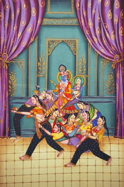 Radha Krishna Sakhis miniatűr festmény papírra alkotó: School Indian