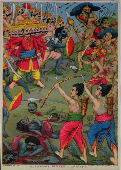 Ráma és Lakshmana a Rávana elleni csatában, Rámájana eposz, 1914 körül (kromolito) alkotó: School Indian