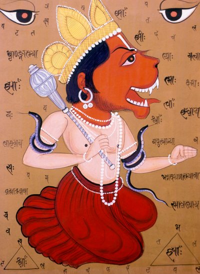 Tantrikus Hanuman miniatűr festmények papírra India alkotó: School Indian