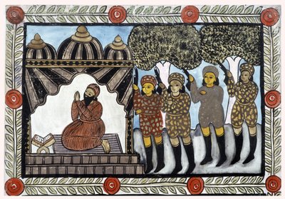 A 2001. szeptember 11-i támadások története, amelyet a bengáli Baul árusok meséltek el. Festmény, sorozat, 1/9 szám, Bengál. alkotó: School Indian