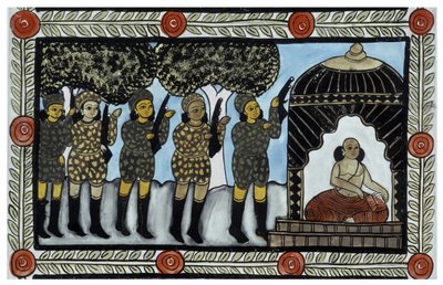 A 2001. szeptember 11-i támadások története, amelyet a bengáli Baul árusok meséltek el. Festmény, sorozat, 2/9 szám, Bengál. alkotó: School Indian