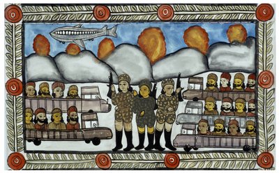 A 2001. szeptember 11-i támadások története, amelyet a bengáli Baul árusok meséltek el. Festmény, sorozat, 8/9 szám, Bengál. alkotó: School Indian