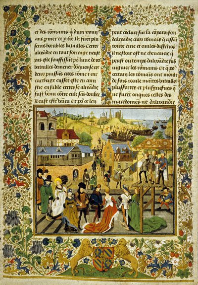 Ünnepség Tarente-ben, Jean Mansel „Les Histoires Romaine” című illusztrációjának másolata (tinta és szín pergamenten) alkotó: School Italian