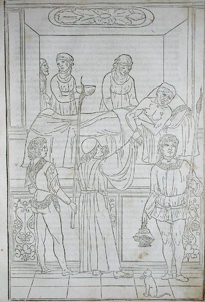 Egy beteget látogató orvos, Johannes de Ketham (u. e. 1490) „Fascilulus Medicinae” című művéből, 15-16. század (fametszet) alkotó: School Italian
