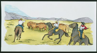 Argentína – a gauchók marhákat gyűjtenek a Pampákban (színes litho) alkotó: School Italian