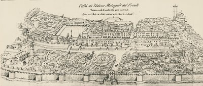 Madártávlat, Udine város nyugati része, metszet, Olaszország alkotó: School Italian