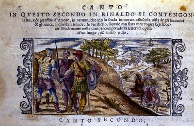 A jobb oldalon Angelique (Angelica) találkozik egy remetével, aki megállítja Renaud (Rinaldo) és Sacripant (Sacripante) harcát Bayard lóért – Ludovico Ariosto (Le Roland Furieux) című lovagi költeményéből vett jelenet. 1474-1533) alkotó: School Italian