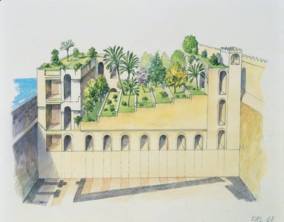 Nabukodonozor palota, Babilon, függőkertekkel (színes litho) alkotó: School Italian