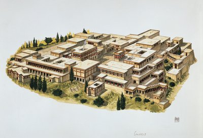 A Knossos-palota rekonstrukciója, Kréta, Kr.e. 20. század (színes litó) alkotó: School Italian