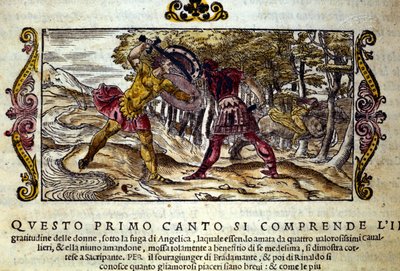 A gyönyörű Angelicába (Angelica) szerelmes Ferragus, a hajdina és Renaud (Rinaldo) harcának ábrázolása, Ludovico Ariosto (1474-1533) „Orlando Furioso” (A dühöngő Roland) című lovagkölteményéből vett jelenet. L