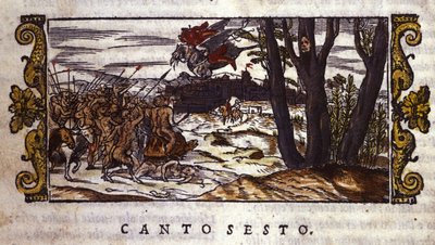 Ruggierót a víziló elviszi Alcina szigetére, ahol szörnyek serege támadja meg, jelenet Ludovico Ariosto (1474-1533) "Orlando Furioso" című darabjából. alkotó: School Italian