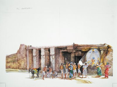 Tell el-Amarna - Aton isten imádatának rekonstrukciója, a napkorongként ábrázolva (színes litográfia) alkotó: School Italian