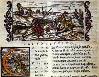 A farkason ülő óriás Eryphila harcol Rogerrel (Ruggero, Ruggiero) – Ludovico Ariosto (1474-1533) „Orlando Furioso” (A dühöngő Roland) lovagi költeményének jelenete L