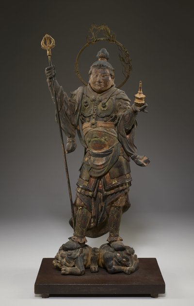 Bishamonten (Vaisravana, Észak őre) (polikróm fa, kristály, aranylevél és fém) alkotó: Japanese School