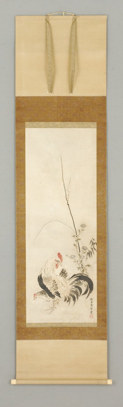 Kakemono, kakas és tyúk virágokkal alkotó: Japanese School