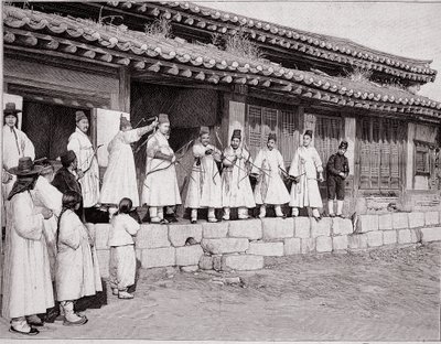 Bowmen a régi szöuli palotában, Korea, 19. század vége alkotó: School Korean