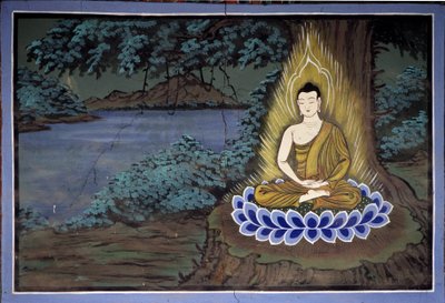 Buddha meditáció: Freskó a Yongju templomban, Suwon régióban, Korea alkotó: School Korean