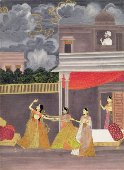 Egy éjszaka viharból behozott hölgy: illusztráció a zenei módból Madhu Madhavi, 1760 körül (guache papíron) alkotó: School Mughal