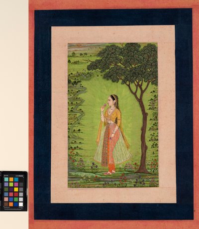 Egy nő egy fa mellett áll, kezében egy virág, 1720 körül (átlátszatlan w/c és arany a papíron) alkotó: School Mughal