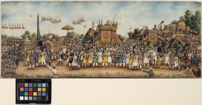 II. Akbar Shah egy elefánton lovagol egy hatalmas menetben, 1835 körül (átlátszatlan akvarell és arany elefántcsonton) alkotó: School Mughal