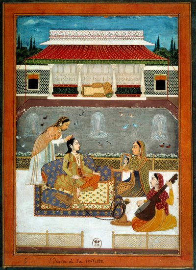 Egy indiai hercegnőnek van miniatűr vécéje az 1740-es Mughole Iskolából. alkotó: School Mughal