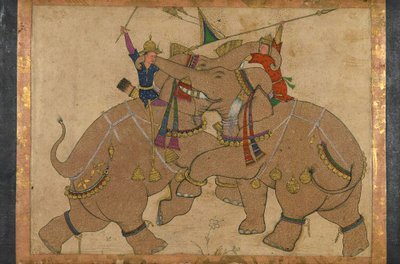 Elephant Combat (tinta, pigmentek kartonra szerelt papíron) alkotó: School Mughal
